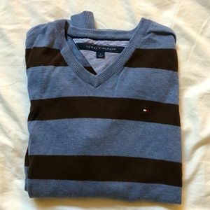 Tommy Hilfiger v-neck sweater, blue and brown striped, medium
